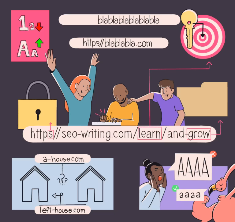 Illustration depicting various aspects of digital marketing and online content creation including seo, website domains, and analytics.