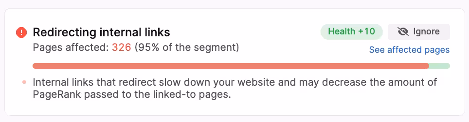 screenshot of internal links with redirects in searchatlas site audit report