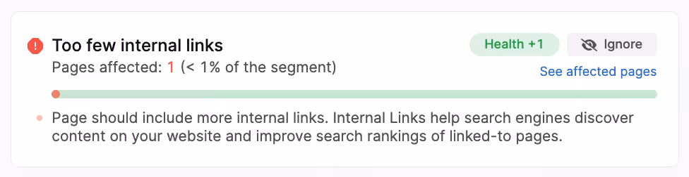 screenshot of the too few internal links issue in the searchatlas site auditor
