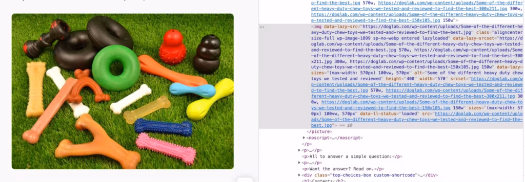 dog toys with the inspection menu to the right highlighting the alt text