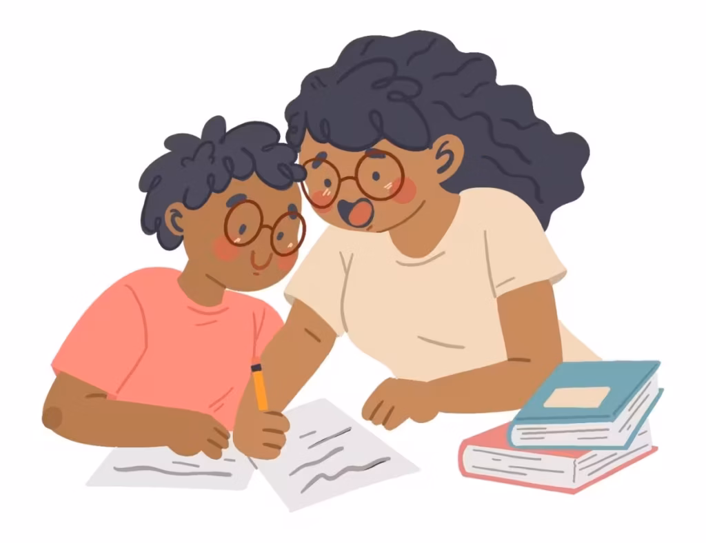 illustration of a black mother helping her son with his homework to demostrate the power of involved parents