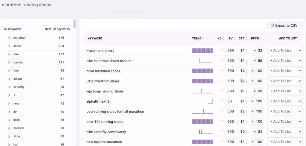 marathon running shoes-keywords list