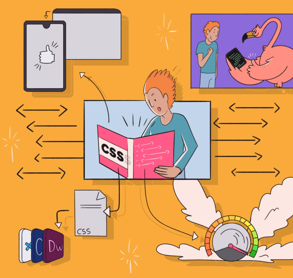Cartoon showing a person learning CSS with coding tools, browser, and speed optimization icons