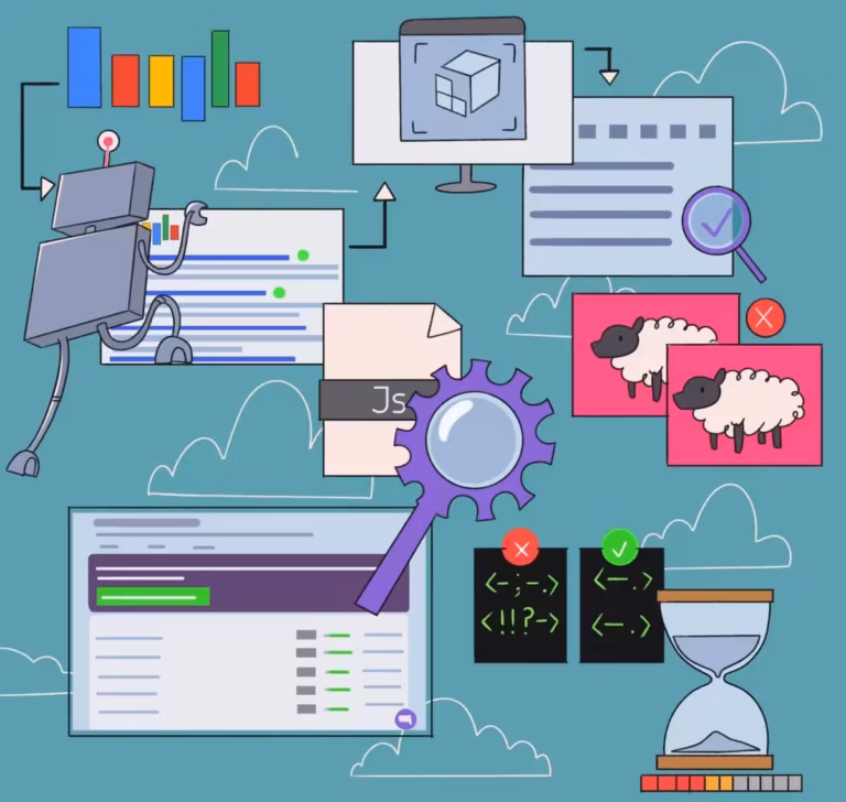 Illustrated SEO audit concept featuring a robot crawling search results, JavaScript analysis with a gear and magnifying glass, content duplication with sheep icons, HTML validation indicators, performance timing hourglass, and various data charts and page elements.