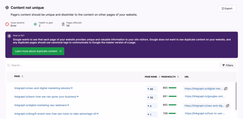 A screen shot of the Google Analytics dashboard displaying data on duplicate content in SEO.