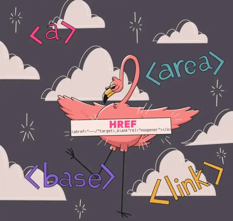 Cartoon flamingo holding HTML anchor tag code snippet surrounded by colorful HTML tags like , , , and , symbolizing hyperlink elements in web development.