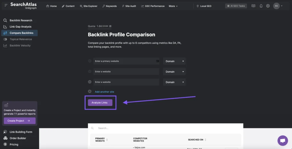 Screenshot of the backlink profile comparison tool in Search Atlas SEO software