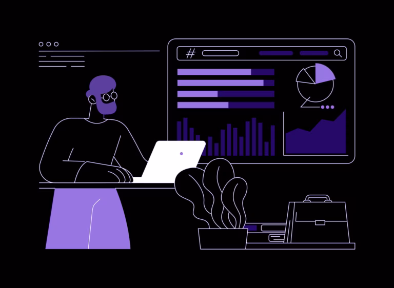 A person working on a laptop to automate keyword research with data analytics displayed on the screen in a dark mode themed illustration.