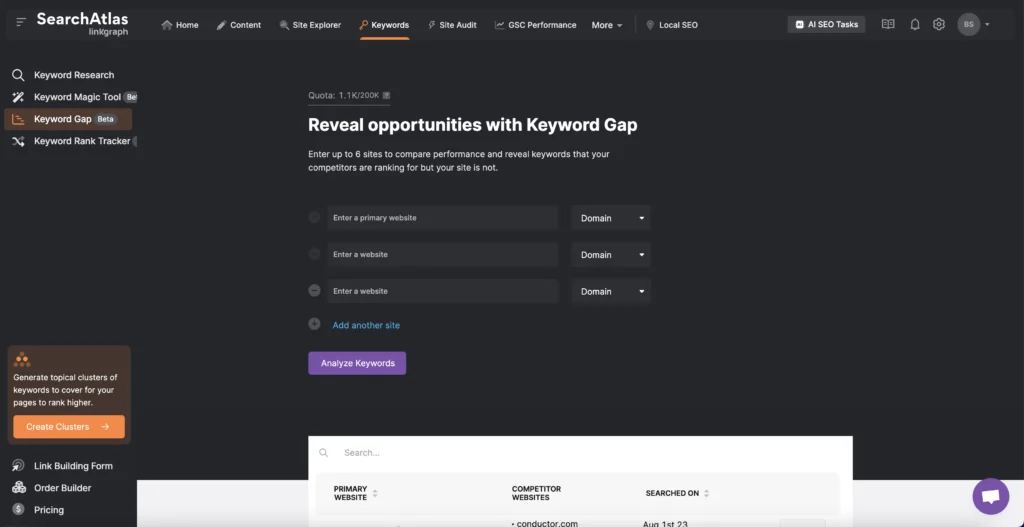 A screenshot of an SEO tool interface designed to automate keyword research for analyzing keyword gaps between websites.