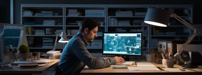 a person sitting at a desk, surrounded by office supplies, using a computer to research and optimize keywords for seo.