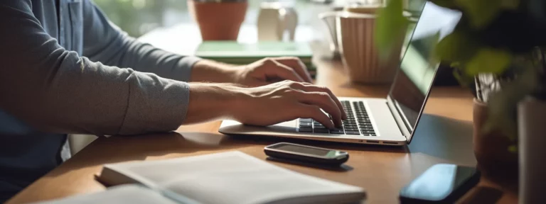 a person sitting at a computer desk, studying a book titled "enhancing website performance: the essential guide to content pruning."