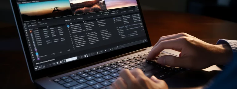 a person typing on a laptop with different images on the screen.