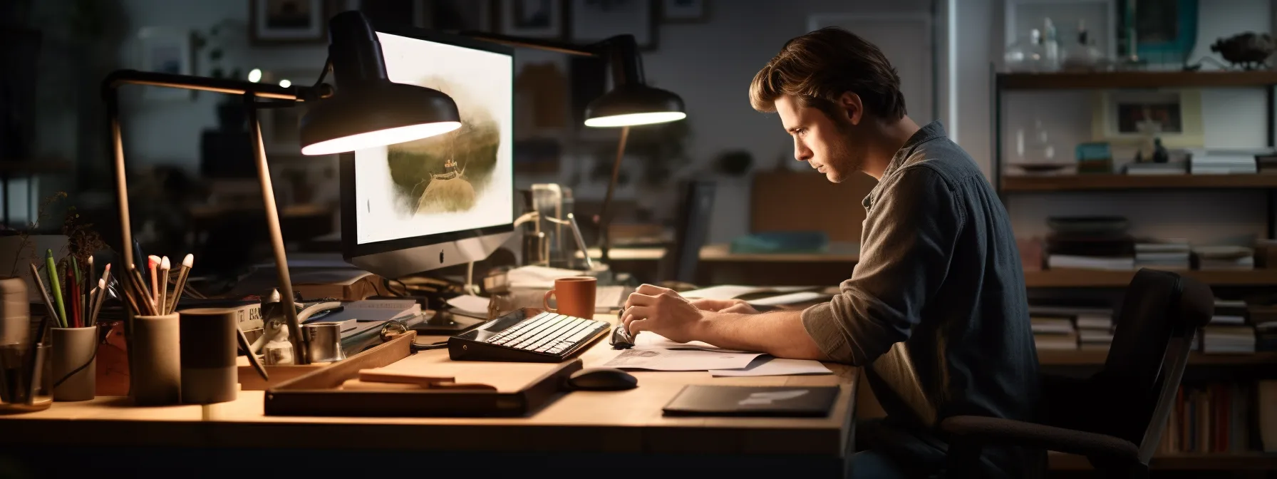 a person working at a desk, surrounded by a computer and writing tools, creating high-quality optimized content.