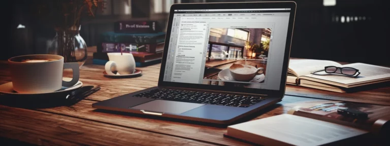 a person typing on a laptop, surrounded by notebooks and a cup of coffee, brainstorming ideas for product descriptions.