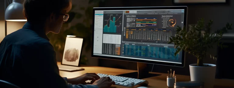 a person analyzing website data on a computer screen, surrounded by various seo tools and resources.