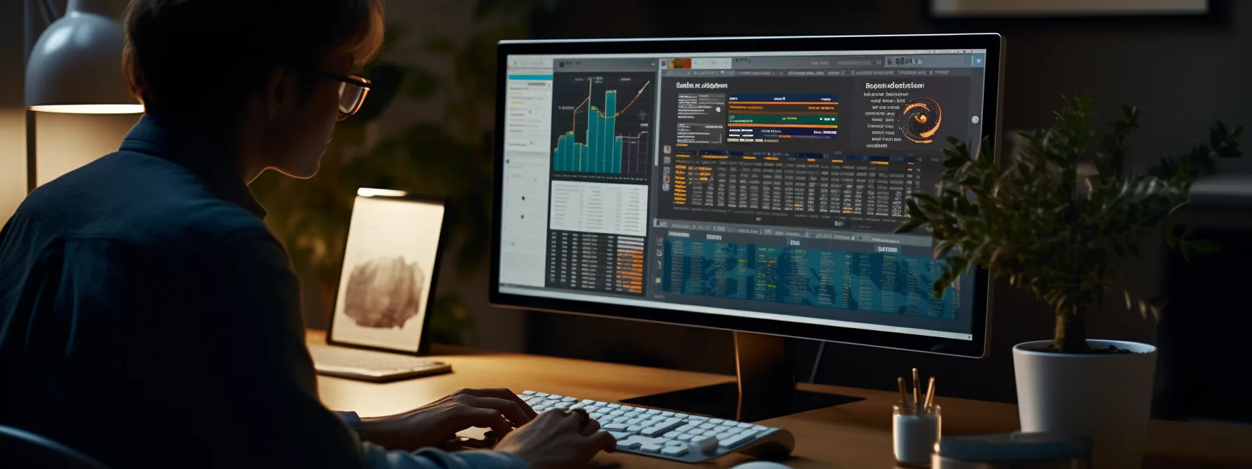 a person analyzing website data on a computer screen, surrounded by various seo tools and resources.