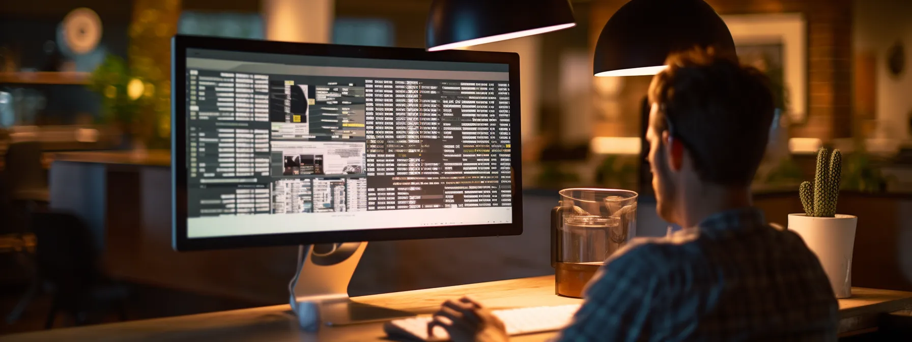 a person with a computer screen full of html code, strategically optimizing alt and title tags for image seo.