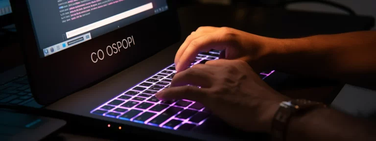 a person typing on a keyboard while a search bar on a website displays "seo copywriting guide."