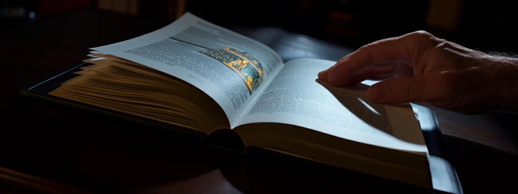a hand turning the page of a book with a highlighted transition word, connecting two sentences together.