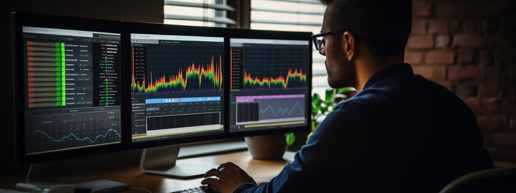 a person analyzing a computer screen with various charts and graphs related to seo performance.