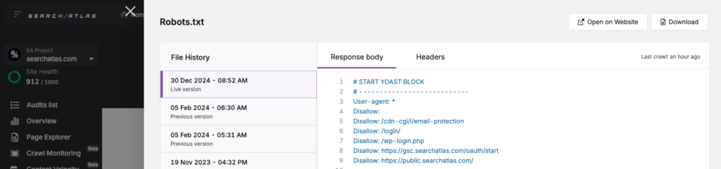 Search Atlas Robots.txt file history report