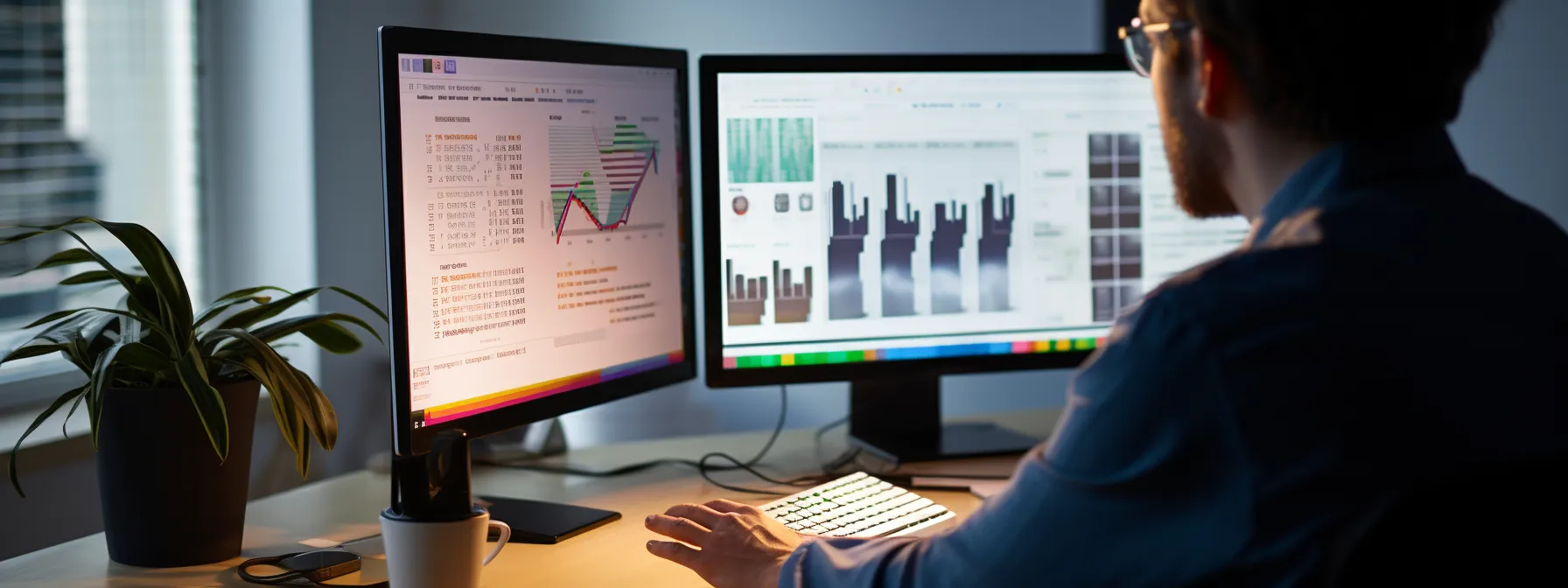 a person looking at a computer screen with a website homepage, analyzing and optimizing its seo elements.