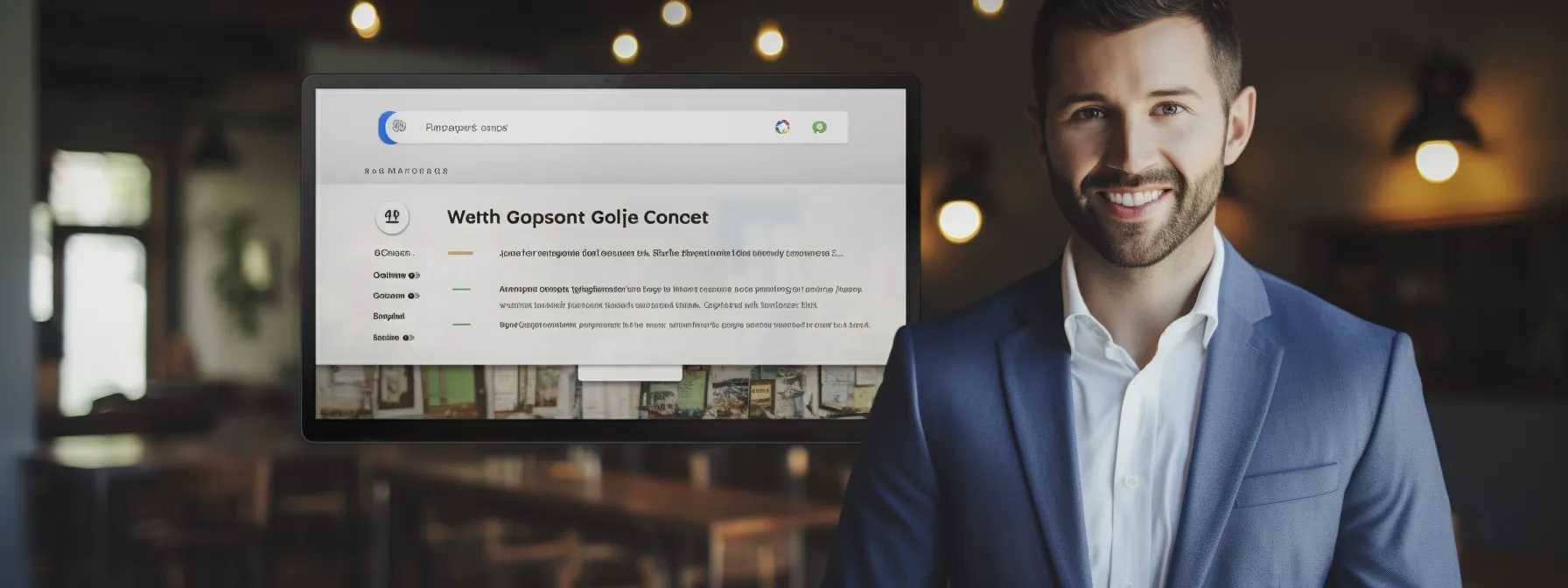 a business owner updates their google business profile with optimized business details and responds to customer reviews.