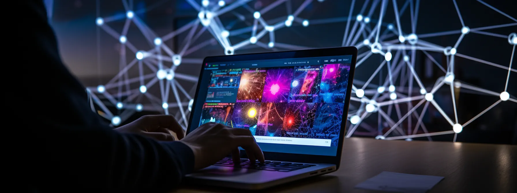 a person working on a laptop surrounded by a web of interconnected links and websites.