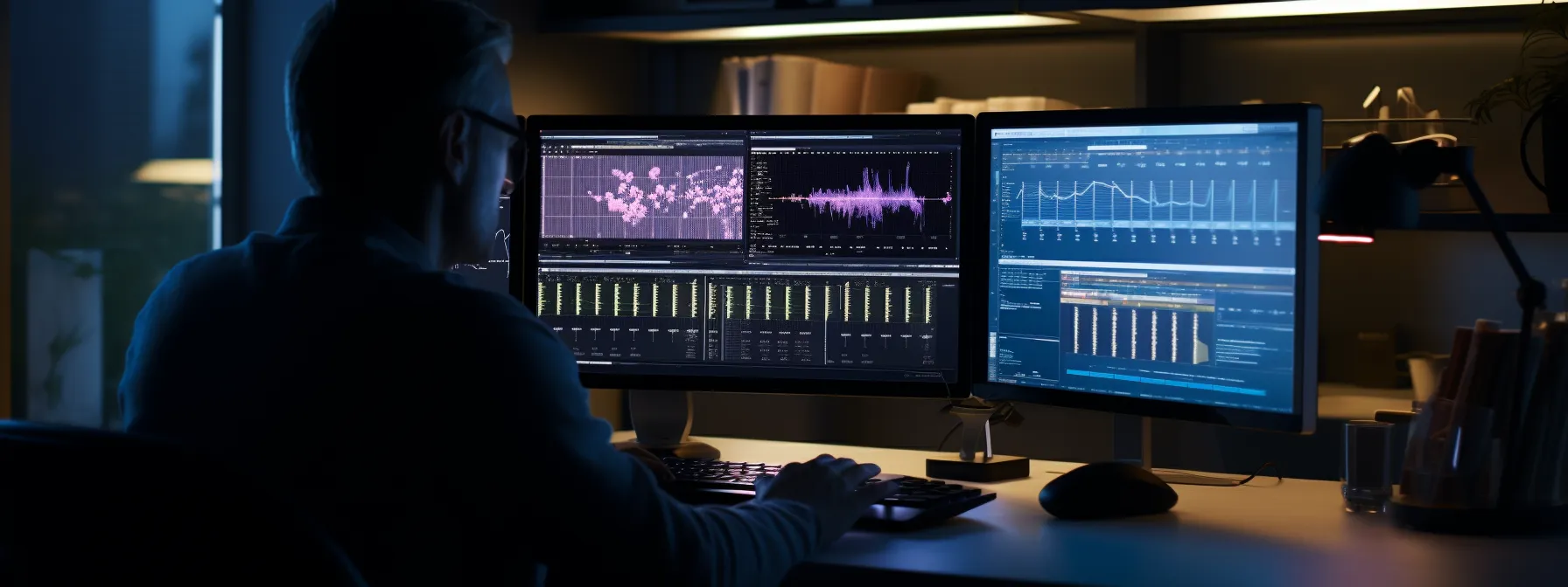 a person monitoring a computer screen displaying various snippet previews and analyzing data.