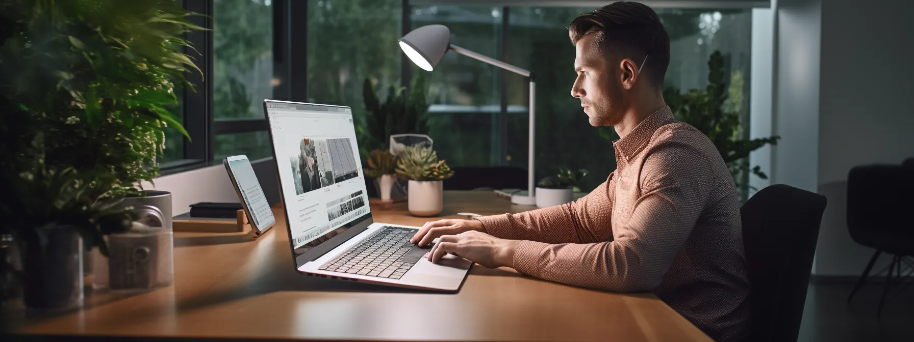 a person sitting at a desk with a computer, using yoast seo premium to optimize their website.