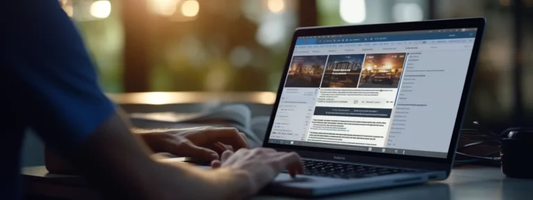 a person typing on a laptop with a search engine page displayed, showing local search results and rankings.