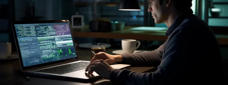 a person working on a laptop, surrounded by open notebooks and highlighted keywords, analyzing data to craft an seo-friendly conclusion.