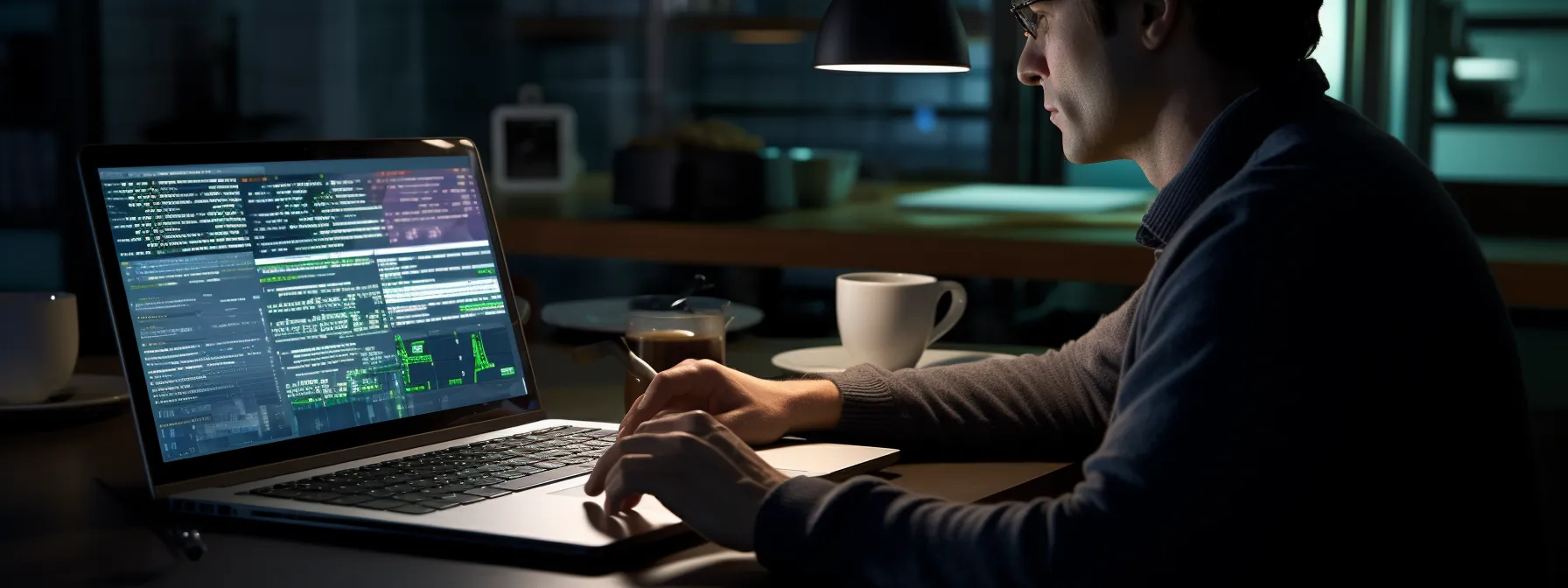 a person working on a laptop, surrounded by open notebooks and highlighted keywords, analyzing data to craft an seo-friendly conclusion.