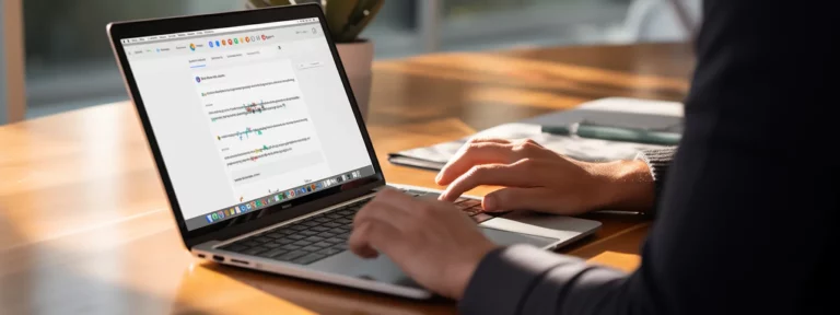 a person using a laptop with a wordpress website open and a search engine displaying google's answer boxes.