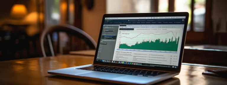 a laptop displaying a blog post with a graph of website traffic on the screen, surrounded by seo-related books and a notebook.
