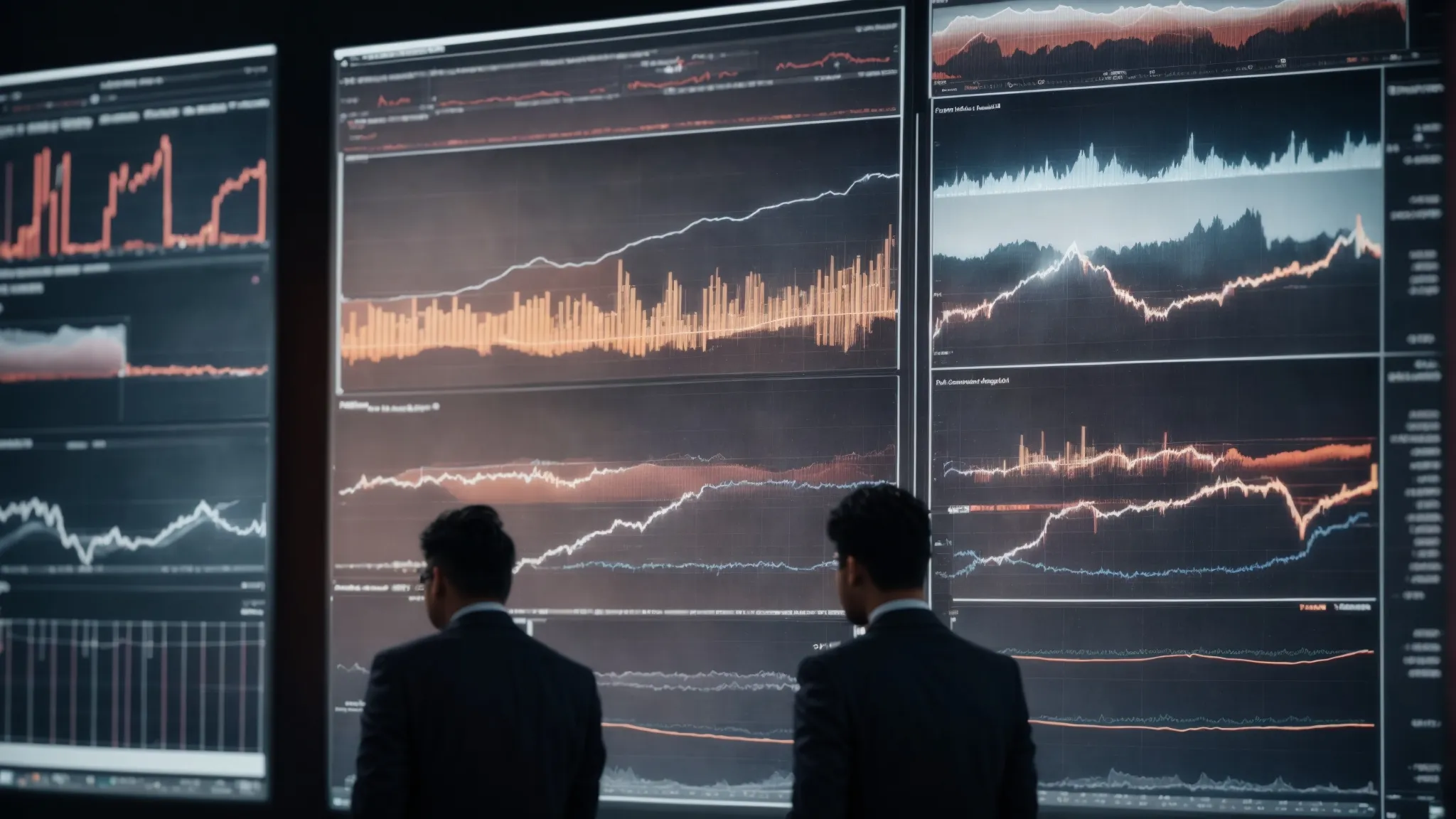 a busy business person intently observes fluctuating data analytics on a large monitor, reflecting the ever-changing landscape of local seo metrics.