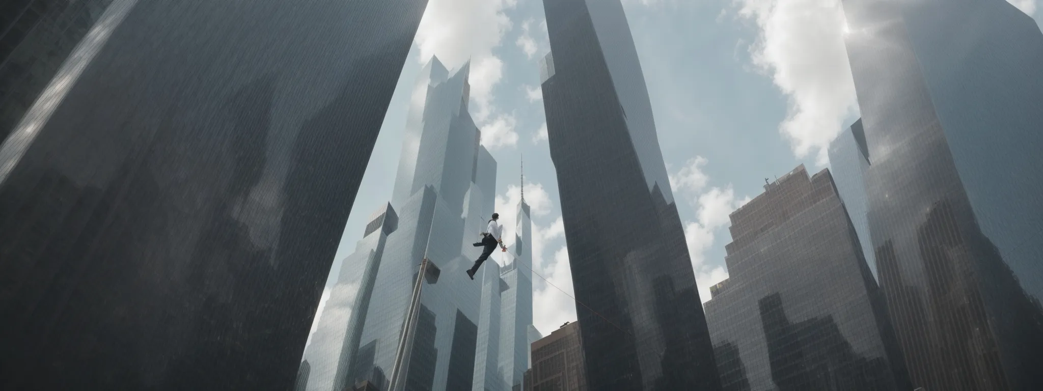 a tightrope walker gracefully strides the thin line between two towering skyscrapers, symbolizing the balance between seo strength and the essence of brand identity.
