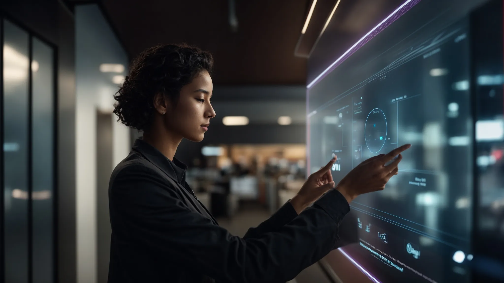 a person interacting with a large, intuitive touchscreen interface amidst a clean and modern environment.