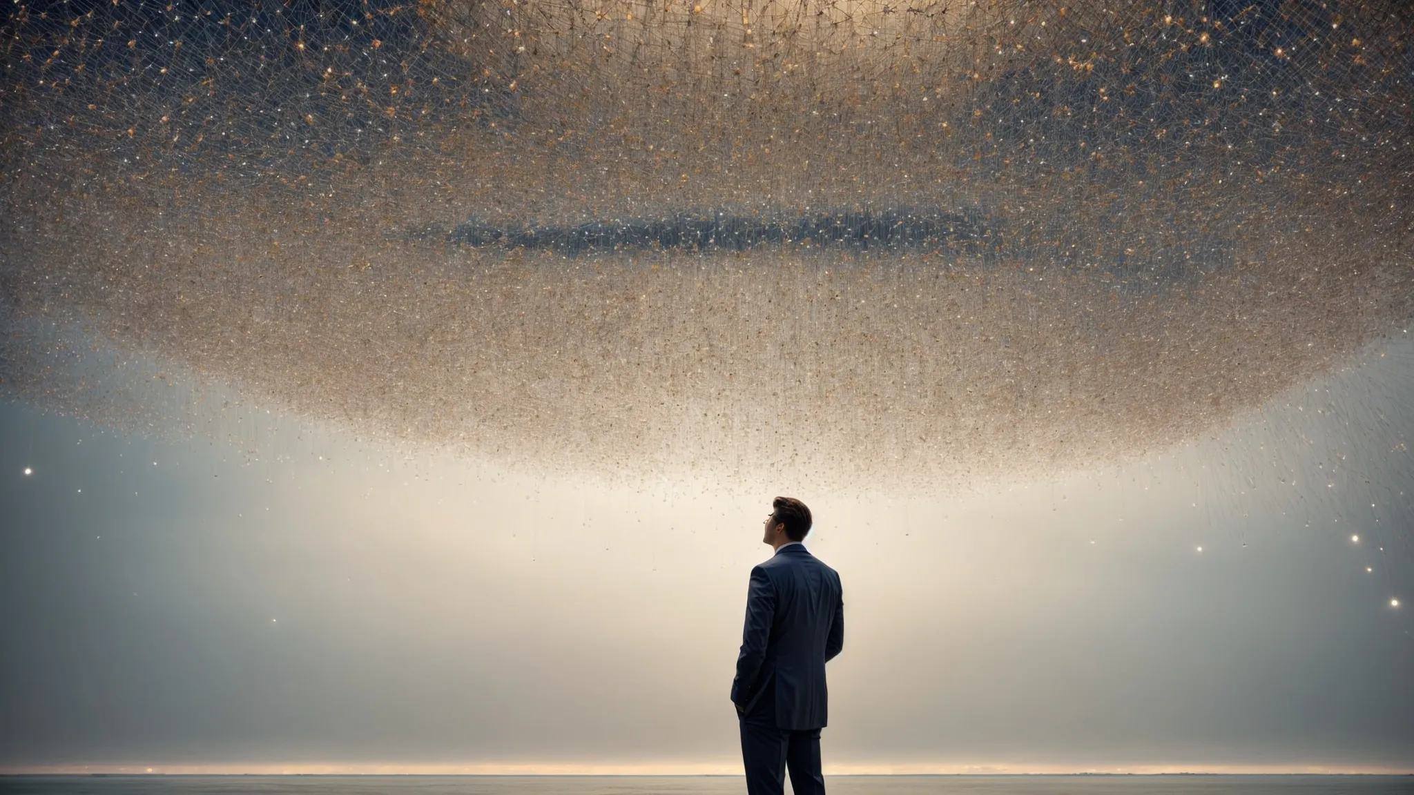 a marketer surveys a vast, interconnected web of nodes representing a strategic map of keywords and their relationships.