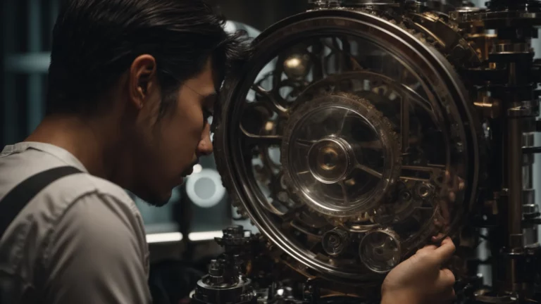 a person using a magnifying glass to inspect the cogs and wheels of a transparent, intricate machine symbolizing the analysis of e-e-a-t principles in seo.