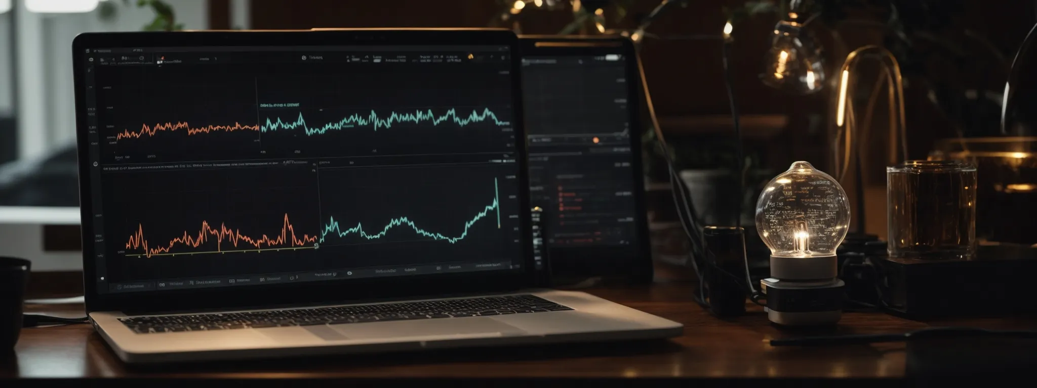 a laptop with analytics graphs on the screen beside a lightbulb and a gear, symbolizing the synergy of cms and seo.