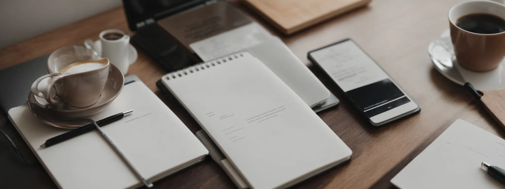 a laptop, notepad, and coffee cup on a minimalist desk symbolizing a productive seo content management workspace. 