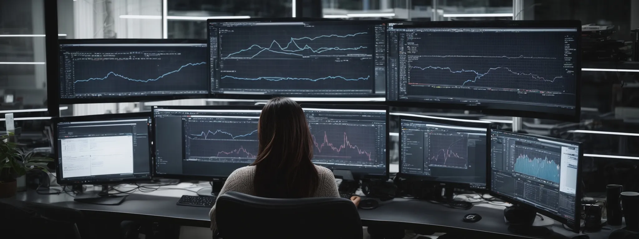 a person sits at a modern workspace with multiple monitors displaying graphs and web development tools, symbolizing a high-tech approach to seo and internal linking automation.