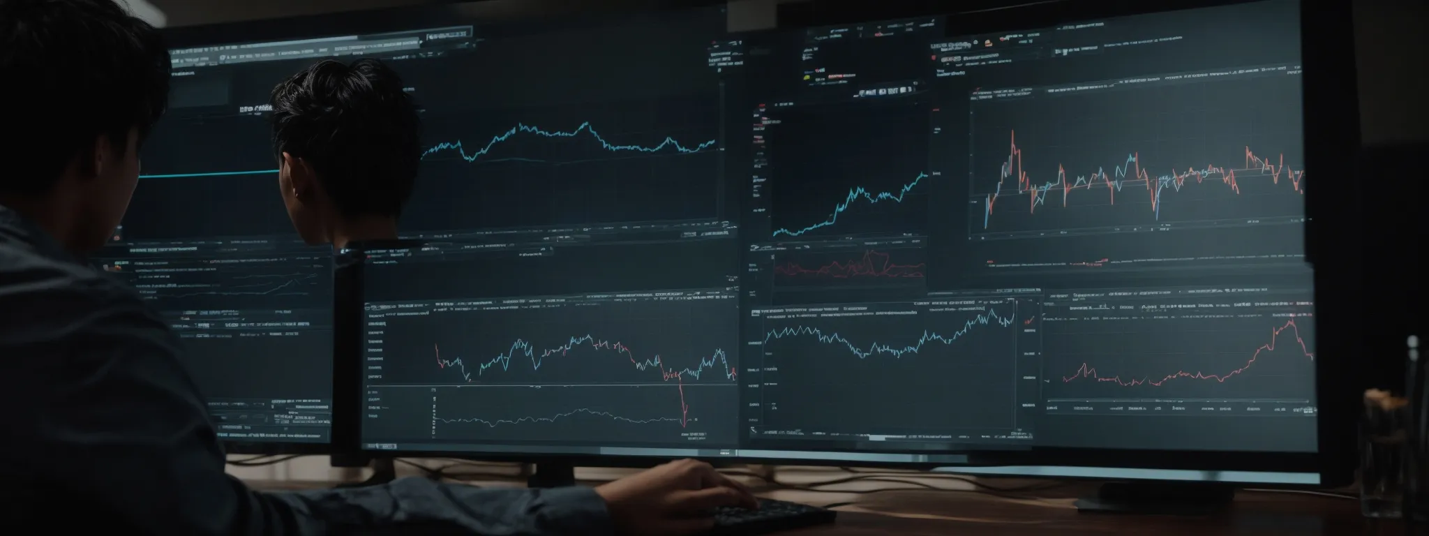 a person studying graphs on a computer screen displaying website traffic trends and analytics data.
