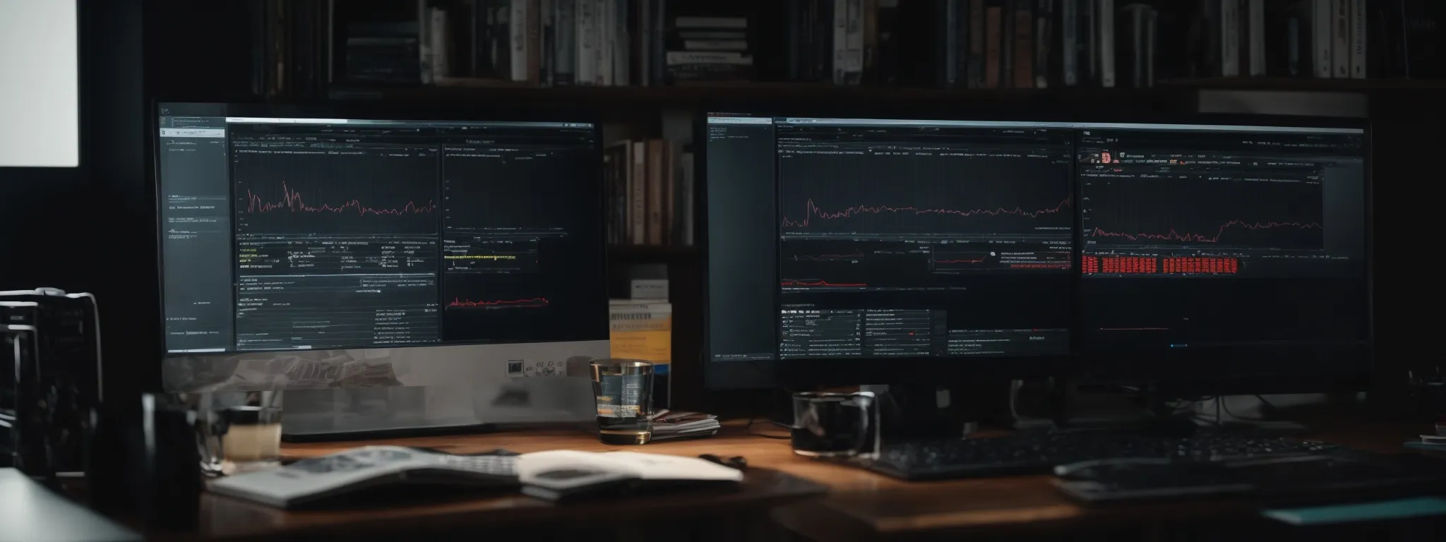 a desktop with a computer displaying a graph and an ai interface, surrounded by open books on seo and marketing.