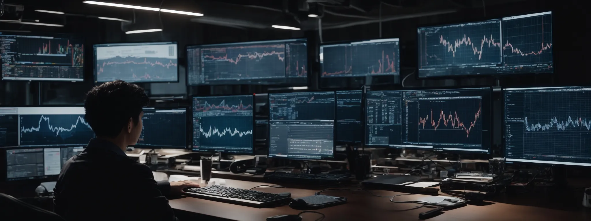 a person sitting at a desk with multiple computer screens displaying graphs and secure websites, reflecting a professional environment.
