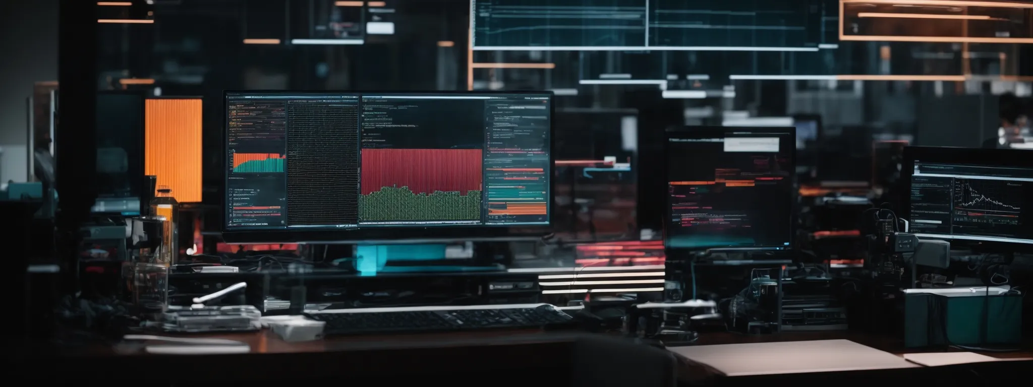 a close-up of a neatly organized, modern workspace with a desktop computer displaying colorful analytical data on the screen.