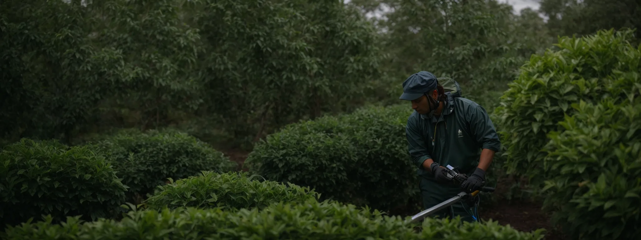 a gardener selectively trimming a dense bush to encourage healthier plant growth.
