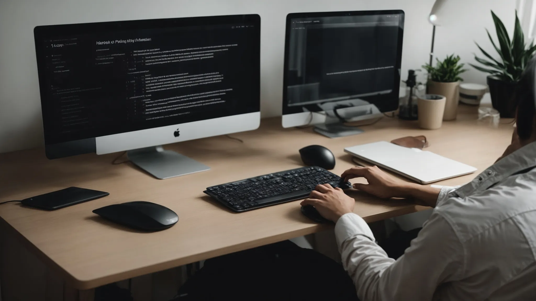 a person typing on a minimalist setup with a modern computer reflects the seamless integration of nlp into content creation software.