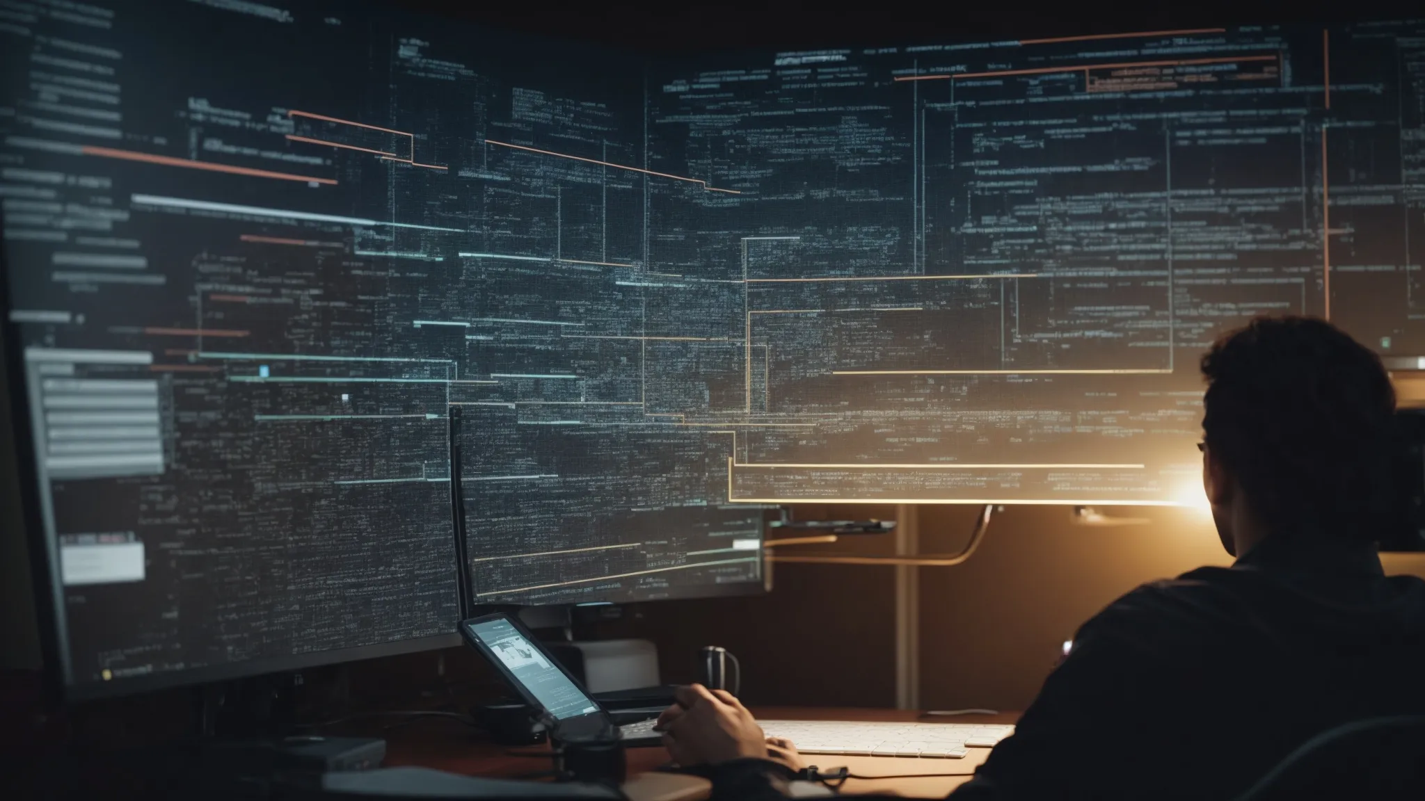 a person seated at a computer reviews a complex flowchart illustrating the concept of website indexing and seo best practices.